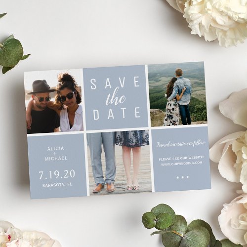 Modern dusty blue simple 3 photo collage wedding save the date