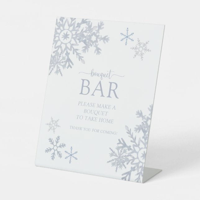 Modern Dusty Blue Snowflake Winter Bouquet Bar Pedestal Sign (Front)