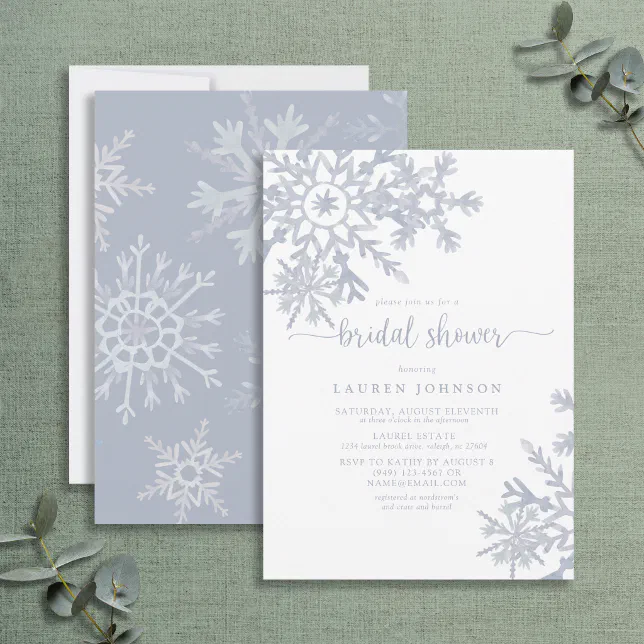 Modern Dusty Blue Snowflake Winter Bridal Shower Invitation | Zazzle