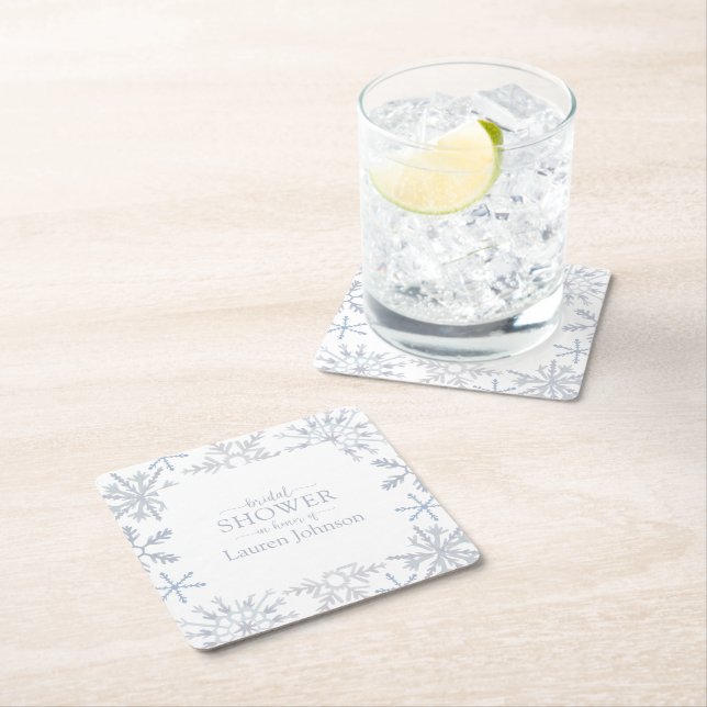 Modern Dusty Blue Snowflake Winter Bridal Shower Square Paper Coaster (Insitu)