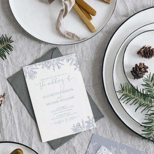 Modern Dusty Blue Snowflake Winter Wedding Invitation