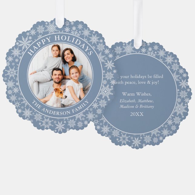 Modern Dusty Blue Snowflakes Happy Holidays Photo Ornament Card (Front/Back)