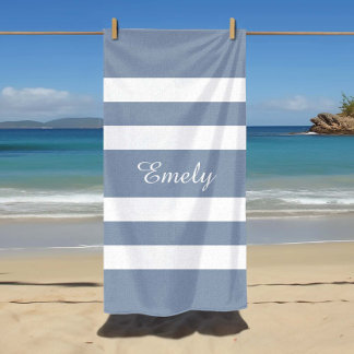 Modern Dusty Blue Striped Name Beach Towel