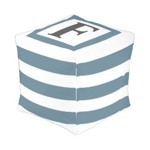 Modern Dusty Blue Stripes Bold Monogram Outdoor Pouf