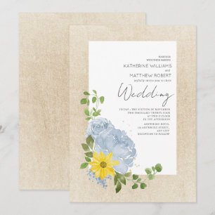 Modern Dusty Blue Sunflower Floral Boho Wedding Invitation