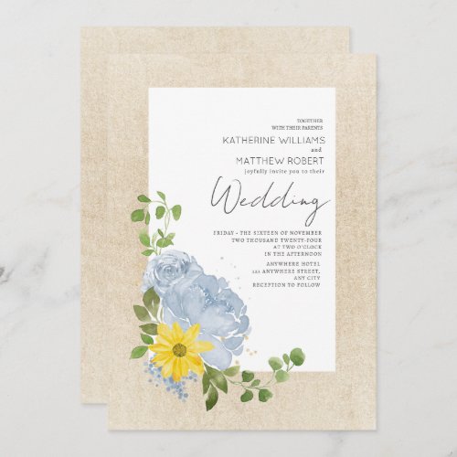 Modern Dusty Blue Sunflower Floral Boho Wedding  Invitation