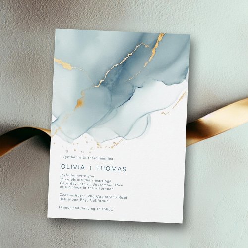 Modern Dusty Blue Teal Ocean Waves Beach Wedding Invitation