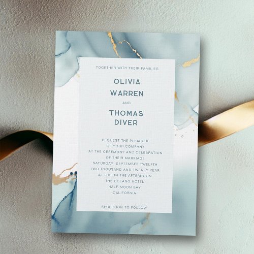 Modern Dusty Blue Teal Typography Beach Wedding Invitation