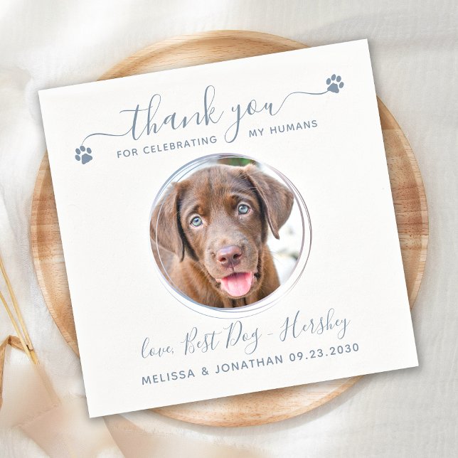 Modern Dusty Blue Thank You Dog Photo Pet Wedding Napkins (Creator Uploaded)