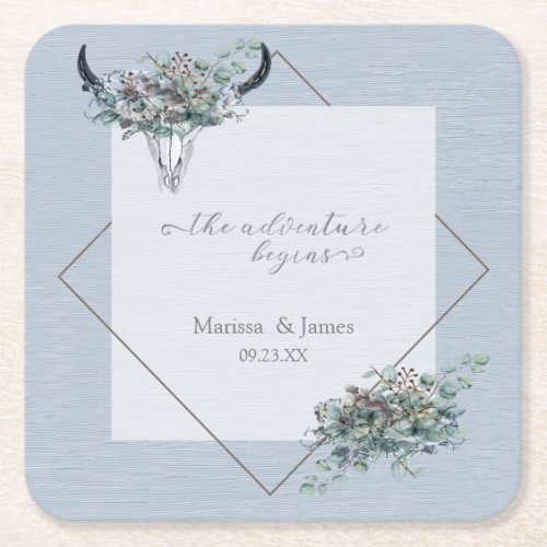 Modern dusty Blue The Adventure Begins Wedding Square Paper Coaster