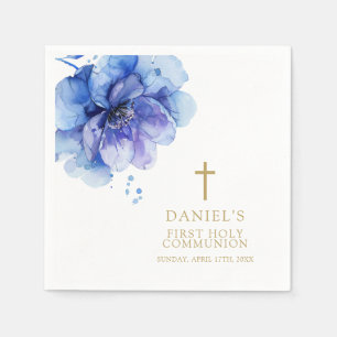 Modern Dusty Blue Watercolor Floral Holy Communion Napkins
