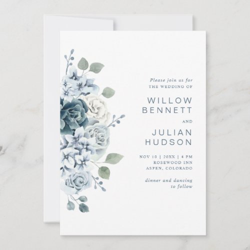 Modern Dusty Blue Watercolor Floral Wedding Invitation
