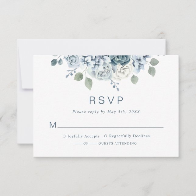 Modern Dusty Blue Watercolor Floral Wedding RSVP Card (Front)