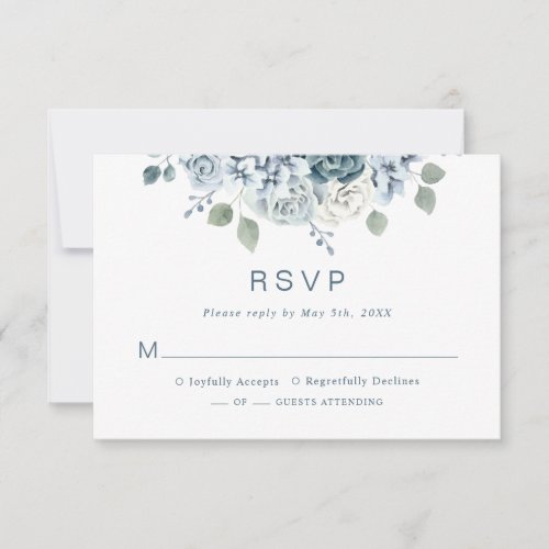 Modern Dusty Blue Watercolor Floral Wedding RSVP Card