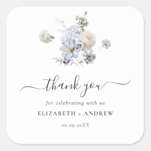Modern Dusty Blue Watercolor Floral Wedding Square Sticker