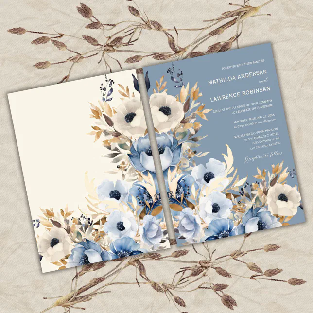 Modern Dusty Blue Watercolor Floral Winter Wedding Invitation | Zazzle