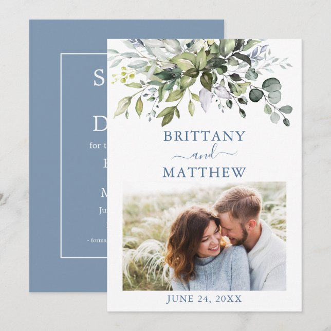 Modern Dusty Blue Watercolor Greenery Photo  Save The Date (Front/Back)