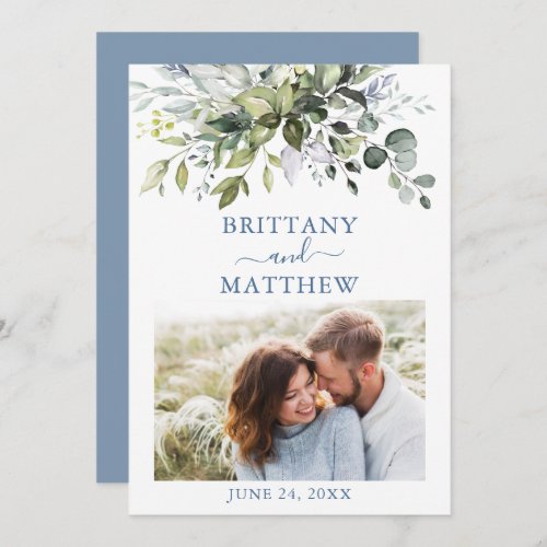 Modern Dusty Blue Watercolor Greenery Photo  Save The Date