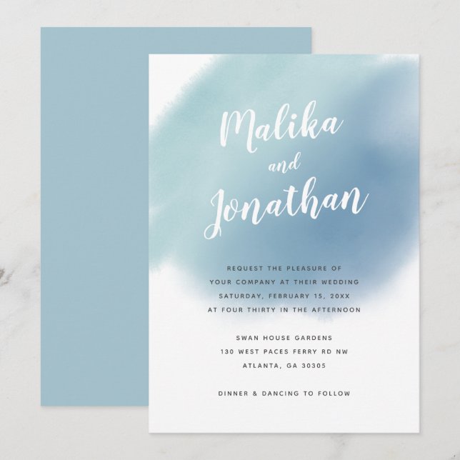 Modern Dusty Blue Watercolor Ombre Wedding Invitation (Front/Back)