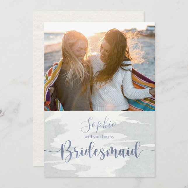 Modern Dusty Blue  Watercolor Script Photo Note Card (Front/Back)