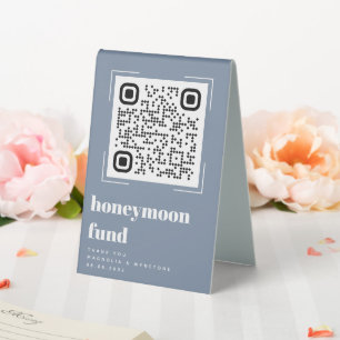 Modern Dusty Blue Wedding Honeymoon Fund QR Code  Table Tent