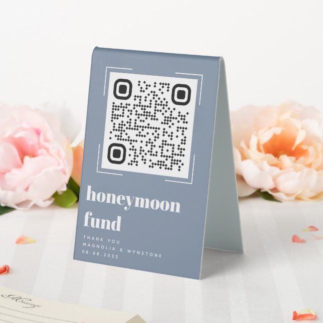 Modern Dusty Blue Wedding Honeymoon Fund QR Code  Table Tent (In SItu (Wedding))