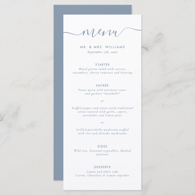 Modern Dusty Blue Wedding Menu (Front/Back)