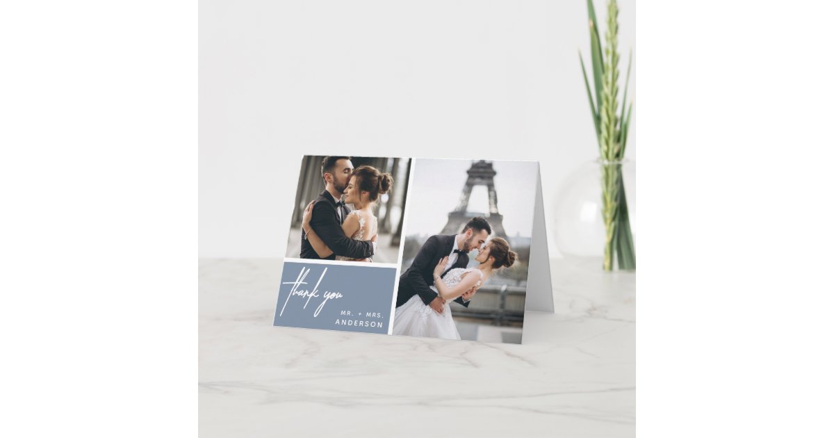 Modern Dusty Blue Wedding Photo Collage Thank You Card | Zazzle