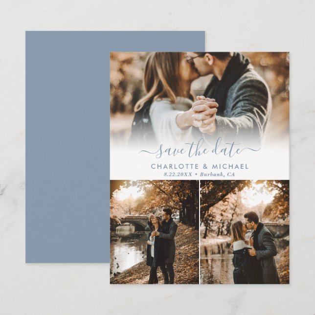 Modern Dusty Blue Wedding Photo Save The Date Card (Front/Back)