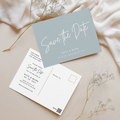 Modern Dusty Blue Wedding Save the Date Postcard