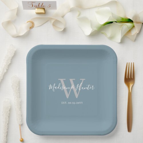 Modern Dusty Blue Wedding Script Monogram  Paper Plates