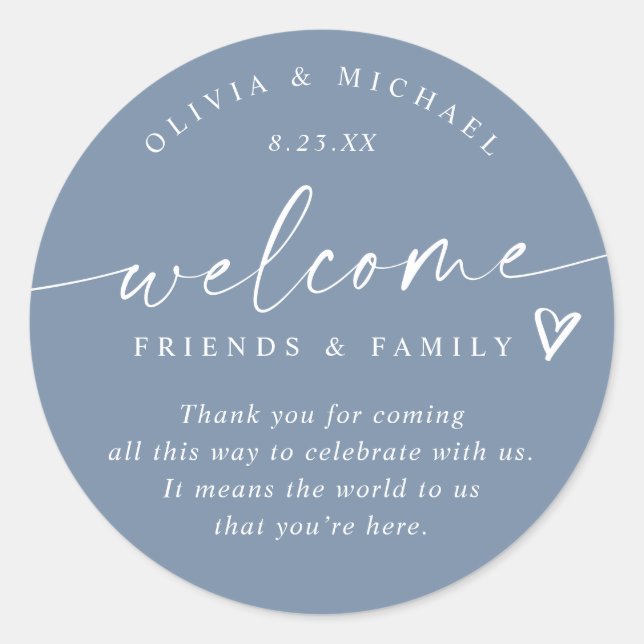 Modern Dusty Blue Wedding Welcome Hotel Bag Classic Round Sticker (Front)