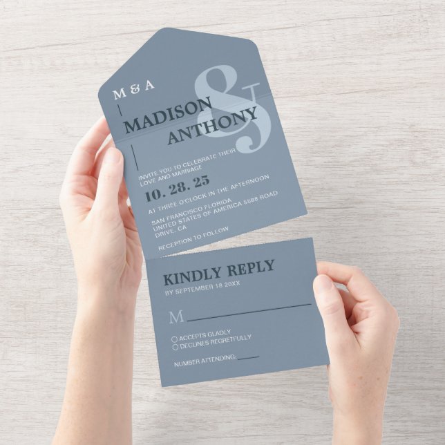 Modern Dusty Blue Whimsical Ampersand Wedding All In One Invitation (Tearaway)