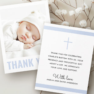Modern dusty blue white baptism christening photo  thank you card