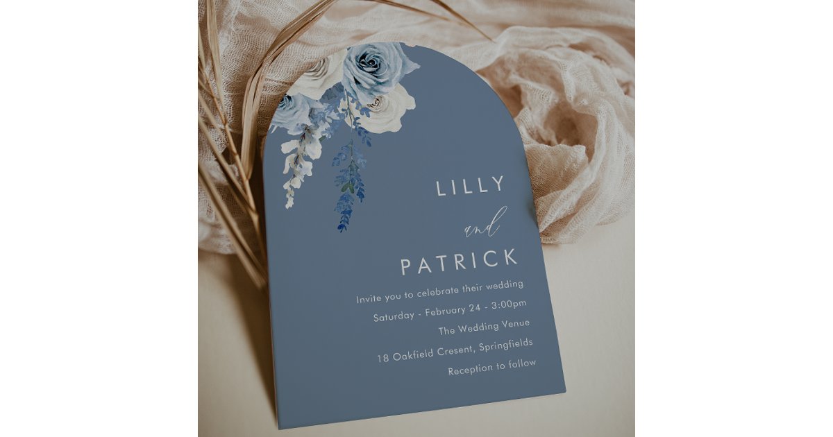 Modern Dusty Blue & White Boho Arch Wedding Invitation | Zazzle