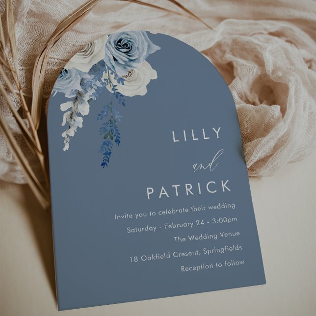 Modern Dusty Blue & White Boho Arch Wedding Invitation (Creator Uploaded)