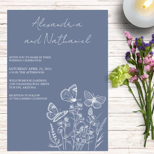 Modern Dusty Blue  White Butterfly Wedding  Invitation
