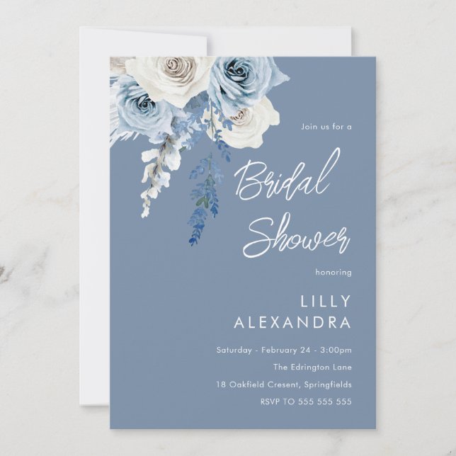 Modern Dusty Blue & White Floral Bridal Shower Invitation (Front)
