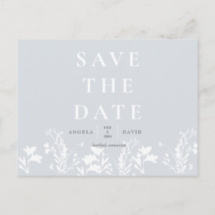 Modern Dusty Blue White Floral Save the Date Postcard