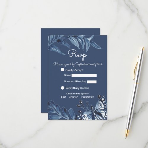 Modern Dusty Blue White Floral Watercolor Wedding RSVP Card