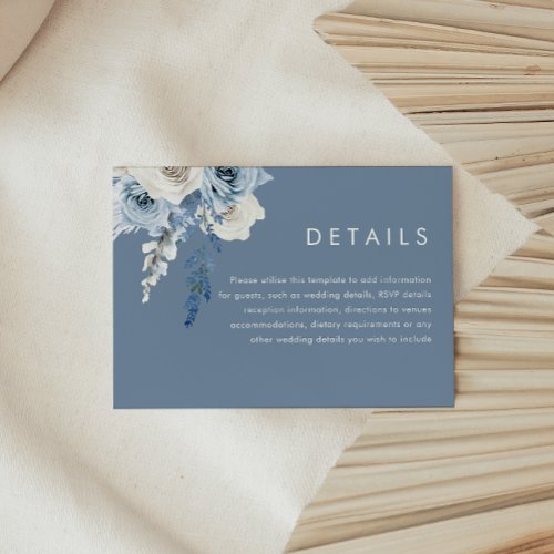 Modern Dusty Blue  White Floral Wedding Details Enclosure Card