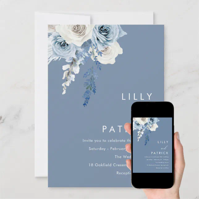 Modern Dusty Blue & White Floral Wedding Invitation | Zazzle