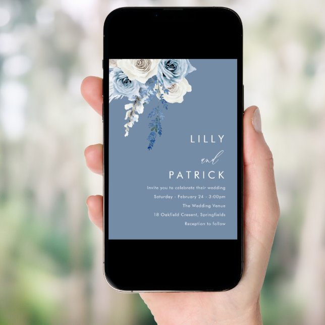 Modern Dusty Blue & White Floral Wedding Invitation (Front Digital)
