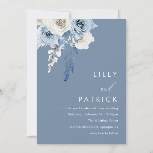 Modern Dusty Blue & White Floral Wedding Invitation | Zazzle