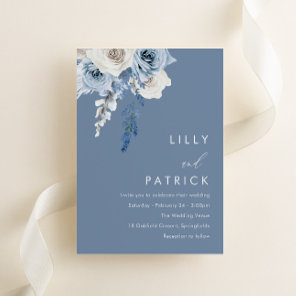 Modern Dusty Blue & White Floral Wedding Invitation