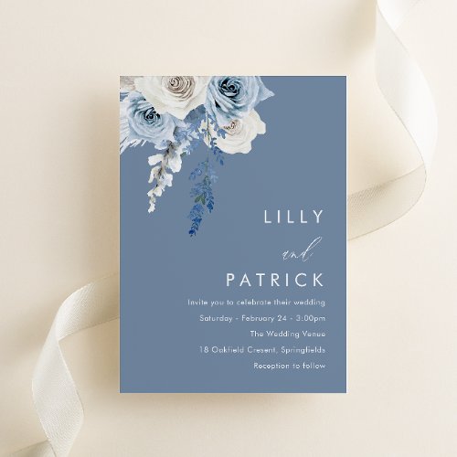 Modern Dusty Blue  White Floral Wedding Invitation