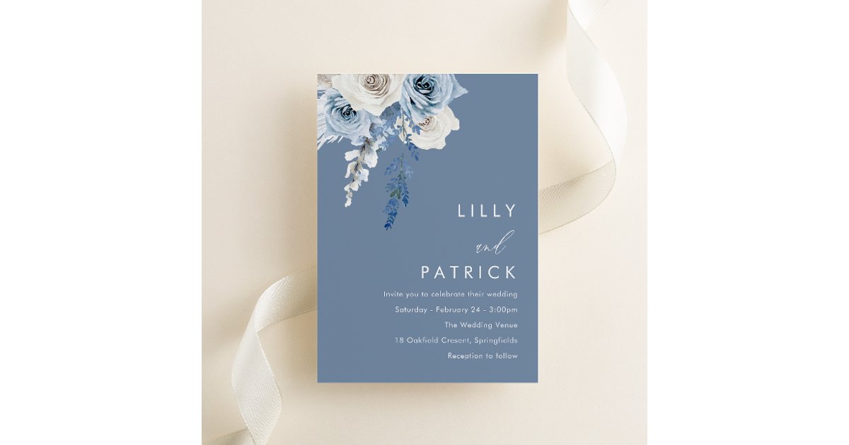 Modern Dusty Blue & White Floral Wedding Invitation | Zazzle