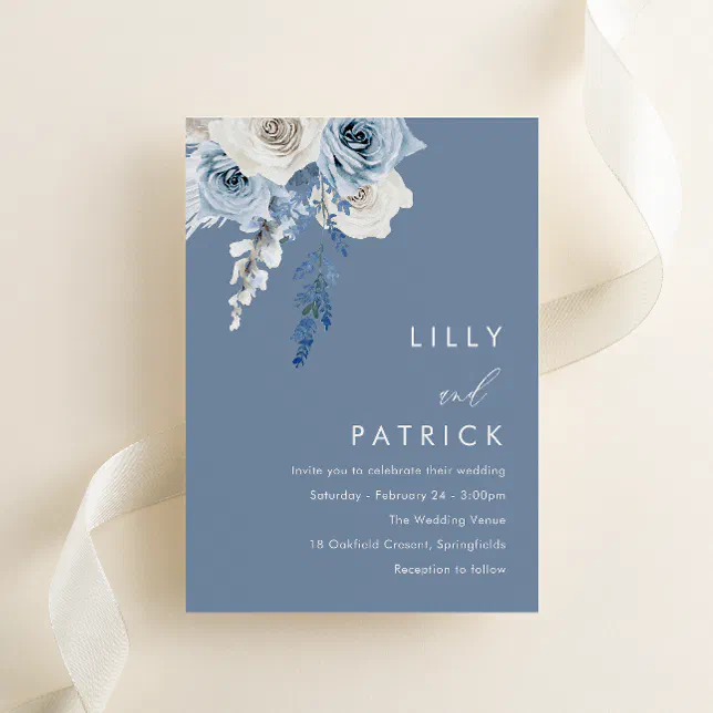 Modern Dusty Blue & White Floral Wedding Invitation | Zazzle