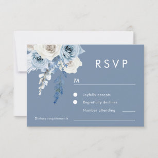 Modern Dusty Blue & White Floral Wedding RSVP Card
