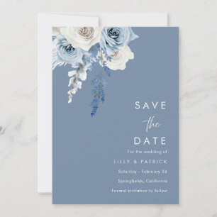 Modern Dusty Blue & White Floral Wedding Save The Date